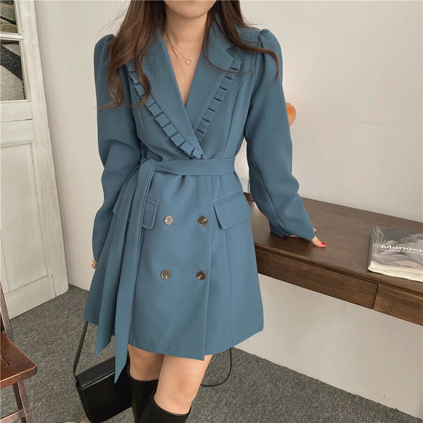 Women Autumn Blue Long Blazer Coat with Belt Double Breasted Fungus Collar Full Sleeve Outerwear Female Office Lady