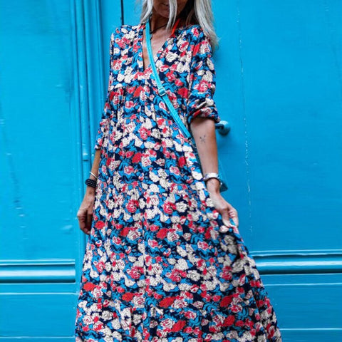 Women Autumn Boho Dress 2022 Spring Vintage Loose Pattern Printed Long Party Dress Casual Long Sleeve Maxi Lady Dresses Vestidos