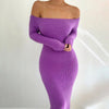 Women Autumn Dress Long Sleeve Cotton Ribbed Long Dresses Sexy Slash Neck Off Shoulder Midi Bodycon Dress Knitted Robe