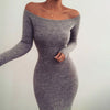 Women Autumn Dress Long Sleeve Cotton Ribbed Long Dresses Sexy Slash Neck Off Shoulder Midi Bodycon Dress Knitted Robe