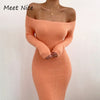 Women Autumn Dress Long Sleeve Cotton Ribbed Long Dresses Sexy Slash Neck Off Shoulder Midi Bodycon Dress Knitted Robe