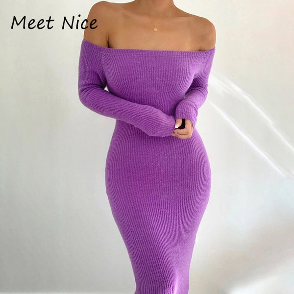 Women Autumn Dress Long Sleeve Cotton Ribbed Long Dresses Sexy Slash Neck Off Shoulder Midi Bodycon Dress Knitted Robe