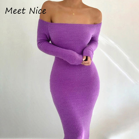 Women Autumn Dress Long Sleeve Cotton Ribbed Long Dresses Sexy Slash Neck Off Shoulder Midi Bodycon Dress Knitted Robe