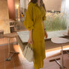 Women Autumn Elegant Mustard Yellow Long Shirt Dress Slim Waist Sashes Single Breasted Lantern Sleeve Midi Dresses