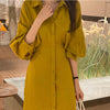 Women Autumn Elegant Mustard Yellow Long Shirt Dress Slim Waist Sashes Single Breasted Lantern Sleeve Midi Dresses