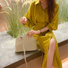 Women Autumn Elegant Mustard Yellow Long Shirt Dress Slim Waist Sashes Single Breasted Lantern Sleeve Midi Dresses
