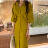 Women Autumn Elegant Mustard Yellow Long Shirt Dress Slim Waist Sashes Single Breasted Lantern Sleeve Midi Dresses