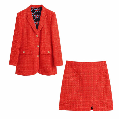 Women Autumn Tweed Suit Blazers Coat Vintage Long Sleeve Female Outerwear And High Waist Split Mini Skirt Casual Sets