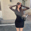 Women Autumn Patchwork Mesh Long Sleeve Mini Dress Half Turtleneck Elegant A-Line Vestidos Femme Sexy Bodycon Black Robe