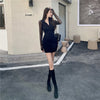 Women Autumn Patchwork Mesh Long Sleeve Mini Dress Half Turtleneck Elegant A-Line Vestidos Femme Sexy Bodycon Black Robe