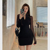 Women Autumn Patchwork Mesh Long Sleeve Mini Dress Half Turtleneck Elegant A-Line Vestidos Femme Sexy Bodycon Black Robe