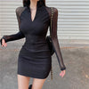 Women Autumn Patchwork Mesh Long Sleeve Mini Dress Half Turtleneck Elegant A-Line Vestidos Femme Sexy Bodycon Black Robe