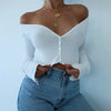Women Autumn Shirts Sexy Long Sleeve Deep V-Neck Crop Tops Black/White Buttons Blouses Off Shoulder Bare Belly Cotton Shirts