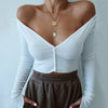 Women Autumn Shirts Sexy Long Sleeve Deep V-Neck Crop Tops Black/White Buttons Blouses Off Shoulder Bare Belly Cotton Shirts