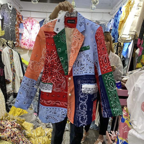 Women Autumn Spring Blazer Cool Heavy Embroidery Color Matching Plaid Stitching Color Lapel Satin Western Style Suit Short Coat