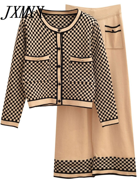 Women Autumn Suit 2 Piece Set Plaid Cardigan O-Neck Wide Leg Pants Knit Two Piece Set 2023 Ropa Mujer