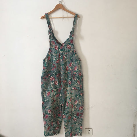 Women Autumn Vintage Denim Printed Jumpsuits Overalls Ladies Loose Casual Denim Print Rompers Female Casual Pants