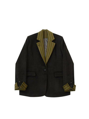 Women Autumn Winter Black Blazers Contrast Color Stitching Suit Retro Casual Loose Jacket Design Oversized Long Sleeve Tops
