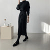 Women Autumn Winter Knitted Midi Dresses Long Sleeve Patchwork Casual Half Turtleneck Sweater Vestido Femme Elegant A-Line Dress