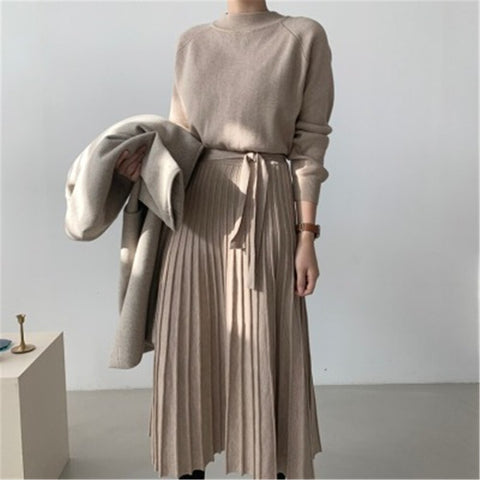 Women Autumn Winter Knitted Midi Dresses Long Sleeve Patchwork Casual Half Turtleneck Sweater Vestido Femme Elegant A-Line Dress