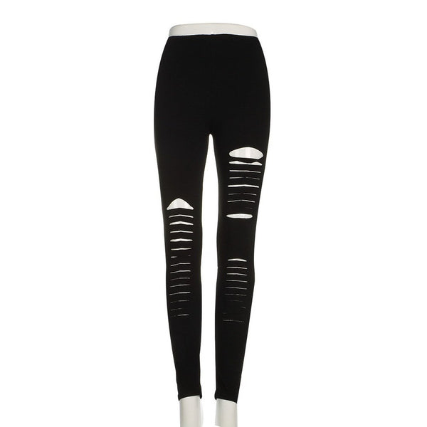 Women Basic Strech Black Leggings Holes Ripped Leggings Punk Rock Fashion Leggins Casual Jeggings Dancing Pant Party Gothic Pant