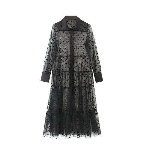 Women Beach Dress Cover Up Turn Down Collar Transparent Party Shirts See Through Polka Dot Lace Long Blouses Shirts