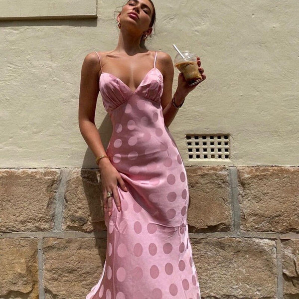 Women Beach Party Sundress Sexy Summer Sling Straps V Neck Backless Bodycon Dress  Ladies Polka Dot Print Vestidos