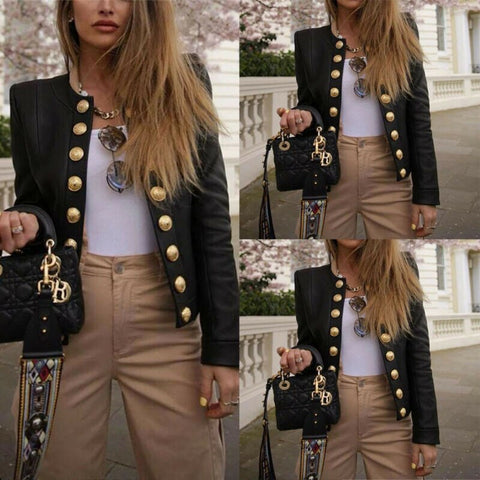 Women Black Big Button Short Small Suit Slim OL Suit Casual Long Sleeve Blazer Tops Outwear Size S-XL