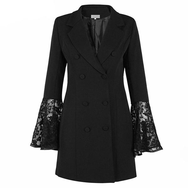 Women Black Blazer Jacket Lace Patchwork Flare Sleeve Fashion Button Blazers Cape Ladies Office Runway Blazer Coat Plus Size