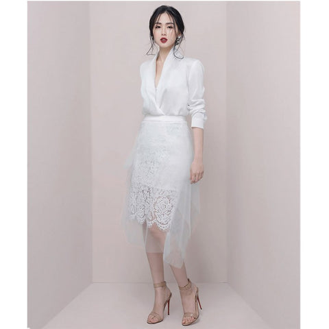 Women Black Blazer and Skirt Set Suit White Blouse and Lace Midi Skirt Two Piece Set OL Women Professional Clothes Female Outfit