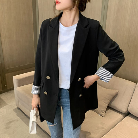 Women Black Blzer Striped Office Pockets England Korea Casual Loose Female Blazers Jacket Outerwear