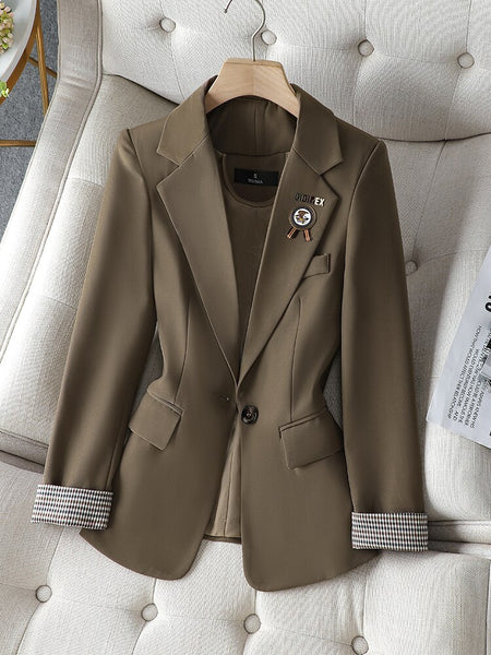 Women Black Brown Khaki Casual Blazer Coat Spring Autumn Ladies Long Sleeve Single Button Solid Jacket Female