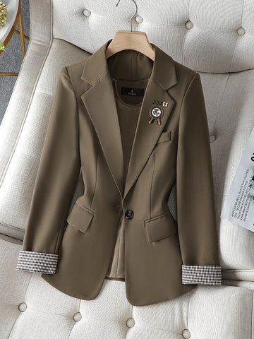 Women Black Brown Khaki Casual Blazer Coat Spring Autumn Ladies Long Sleeve Single Button Solid Jacket Female