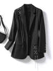 Women Black Chain Buckle Big Size Blazer Lapel Long Sleeve Loose Fit Jacket Spring Autumn