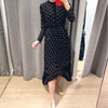 Women Black Chiffon Midi Dress Long Sleeve Flowers Embroideried Ladies Draped Asymmetrical Pleated Rob
