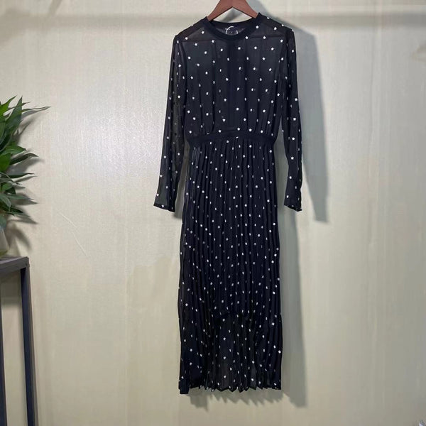 Women Black Chiffon Midi Dress Long Sleeve Flowers Embroideried Ladies Draped Asymmetrical Pleated Rob