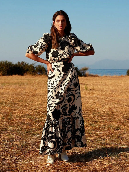 Women Black Floral Printed Long Ruffled Skirt Blouse Two Piece Set Spring Summer Beach Holiday Casual Bohemian Style 2022 New