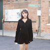 Women Black Ruched Mini Party Dress Emo Autumn Vintage Solid Long Sleeve A-line Sundress France Elegant Short Retro Vestidos