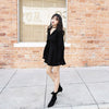 Women Black Ruched Mini Party Dress Emo Autumn Vintage Solid Long Sleeve A-line Sundress France Elegant Short Retro Vestidos