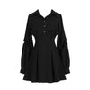 Women Black Ruched Mini Party Dress Emo Autumn Vintage Solid Long Sleeve A-line Sundress France Elegant Short Retro Vestidos