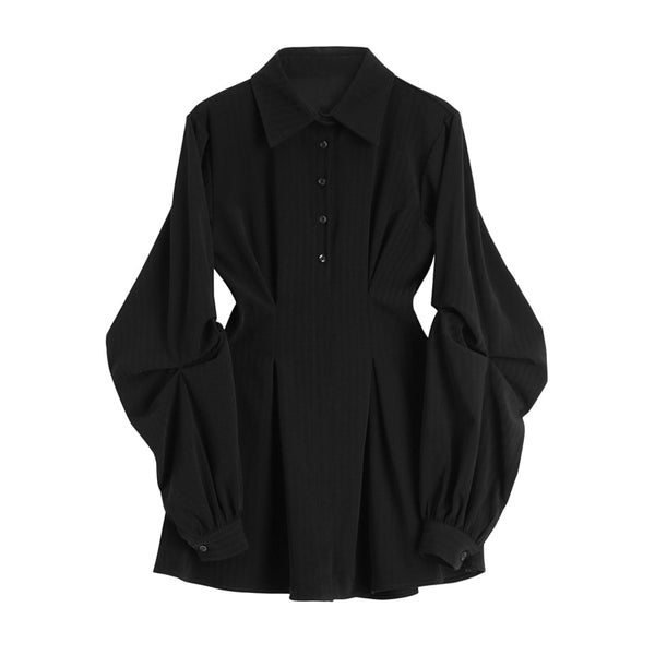 Women Black Ruched Mini Party Dress Emo Autumn Vintage Solid Long Sleeve A-line Sundress France Elegant Short Retro Vestidos