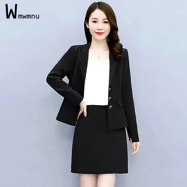 Women Black Slim Blazer 2 Piece Sets Ladies Full Sleeve Single Breasted Suit Coat and High Waist Solid Mini A-line Skirts Outfit