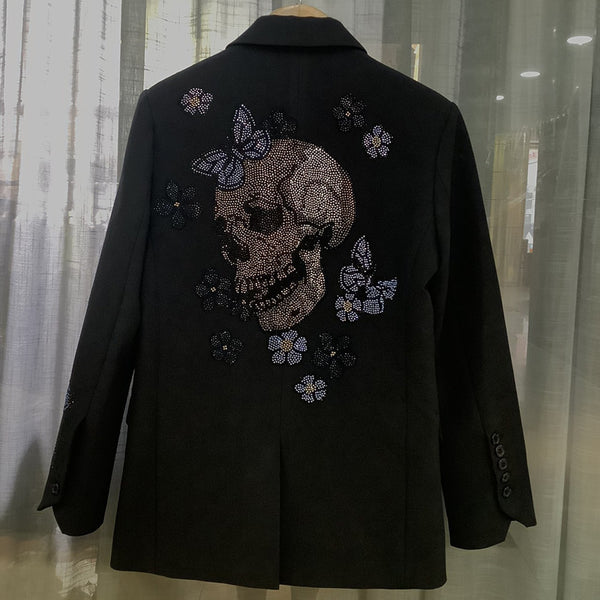 Women Black Suit Coats 2023 Back Floral Rhinestone Skull Autumn  Single Breasted Office Ladies Blazers