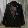 Women Black Suit Coats 2023 Back Floral Rhinestone Skull Autumn  Single Breasted Office Ladies Blazers