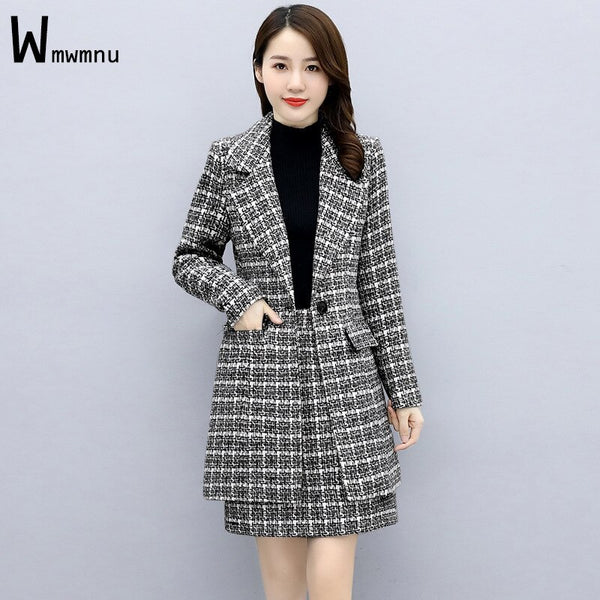 Women Black White Plaid Blazer Suits Autumn Two Piece Sets Femme Full Sleeve Single Breasted Long Balzers+Mini Skirts Outfits