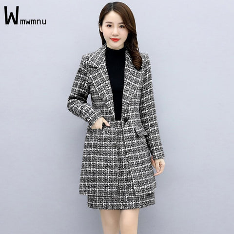 Women Black White Plaid Blazer Suits Autumn Two Piece Sets Femme Full Sleeve Single Breasted Long Balzers+Mini Skirts Outfits