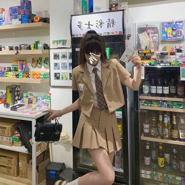 Women Blazer And Skirt Set Suit College Style Summer Suit Shirt Pleated Skirt Four-piece Small Jk Suits Uniform Full Set Tide