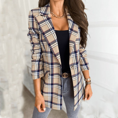 Women Blazer Casual Long Sleeve Slim Jackets Blazers 2022 Autumn Office Single-Button Plaid Print Coat Cardigan Formal Blazers