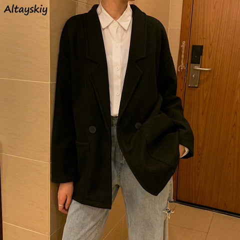 Women Blazer Casual Office Lady Notched Double Breasted Suits Femme Preppy Style Loose Woolen Coats Long Sleeve Elegant Blazers