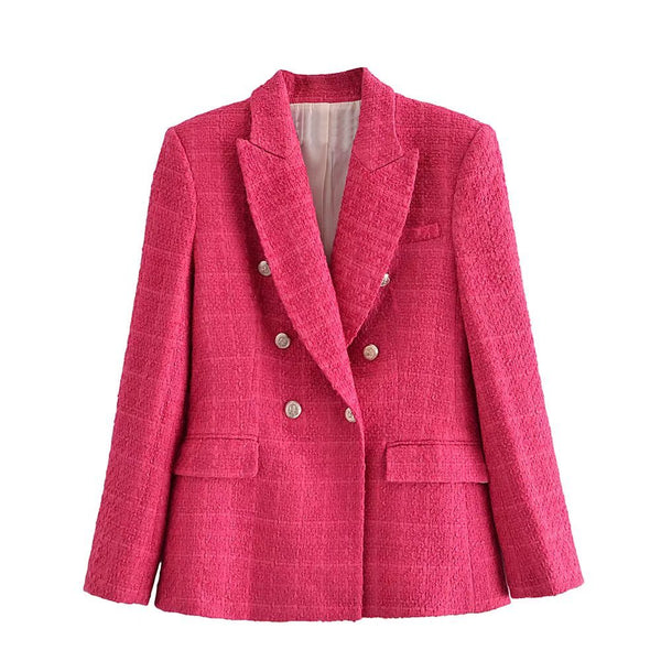 Women Blazer Coat 2023 Tweed Jacket Notched Neck Double Breasted Slim Tweed Blazers Suit Office Lady Casual Business